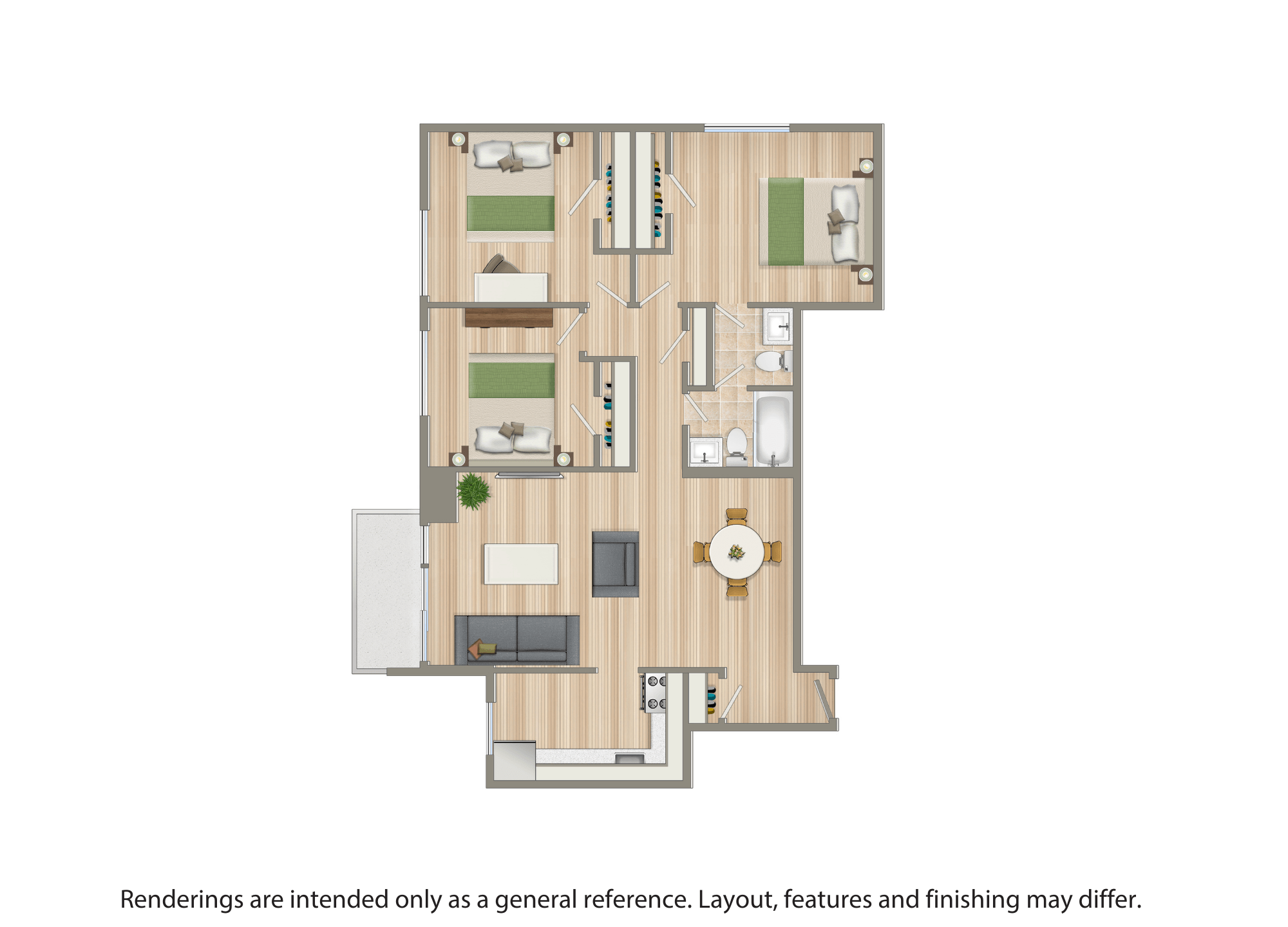 Floor plan for 3 beds, 1.5 baths, 994 sqft